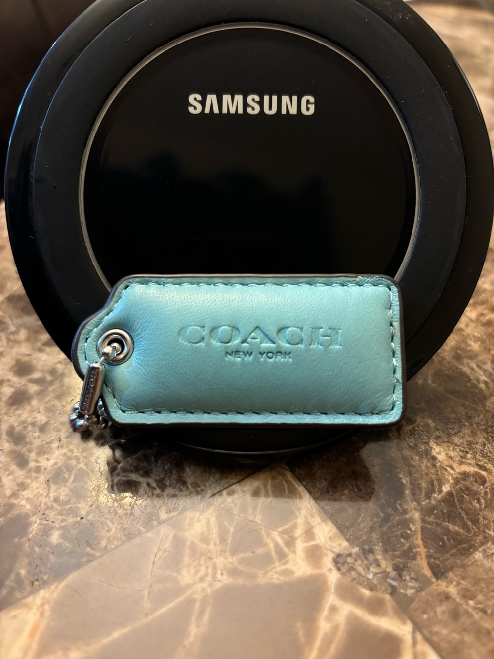 New Coach Aqua Green Leather Puffy Signature Tag with Silver Ball Chain Hangtag